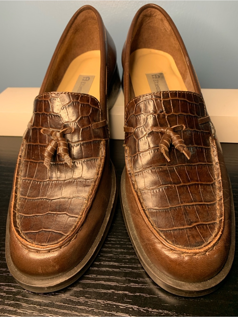 Etienne Aigner Brown Croc-Embossed Tassel Loafers
